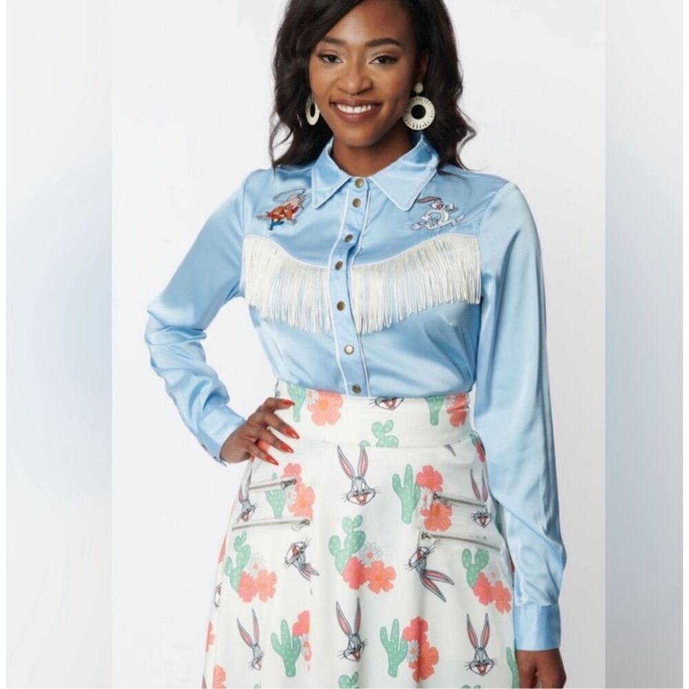 Looney Tunes x Unique Vintage Western Embroidered Fringe Button Up Shirt Blue NW